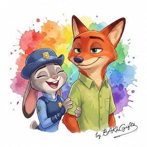 Pode incluir: Ilustração em aquarela de Judy Hopps, uma coelha policial, e Nick Wilde, uma raposa. Judy usa uniforme e chapéu azuis, Nick uma camisa verde. Um fundo colorido de respingos de arco-íris completa a imagem.