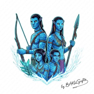 May include: Illustration of the Na'vi family from the movie Avatar. The blue-skinned characters are depicted with striped patterns, holding a bow, spear, and foliage. The artwork is framed by a stylized, light blue border and includes the text "by BAKH Gifts".