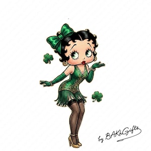 Puede incluir: Ilustración de una mujer de dibujos animados con un vestido verde con flecos, un lazo a juego y guantes. La imagen incluye tréboles y tacones dorados. El texto "by BAKH Gifts" está en la esquina inferior derecha.