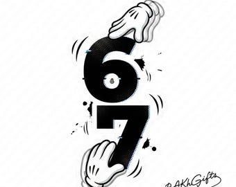 May include: Black numbers 6 and 7 with cartoon-style white gloves holding them. The numbers have a glitch effect with black ink splatters and curved lines. The text "by BAKH Gifts" is in the bottom right corner.