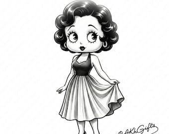 1 PNG Betty Boop Black and White, Clipart Images, Digital design PNG file for sublimation, High Resolution, Instant Digital PNG Download
