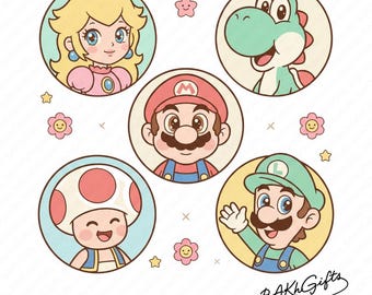 Retro Mario Characters PNG SVG, Princess Peach, Luigi, Yoshi (Digital Files)