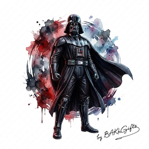 May include: Watercolor illustration of Darth Vader in his iconic black armor, helmet, and cape. The artwork features a vibrant background of red, blue, and black watercolor splashes. The image is signed "by BAKH Gifts".