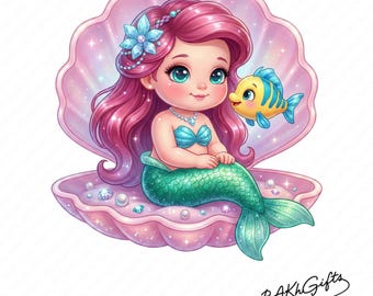 1 PNG Cute Nermaid Ariel in Shell, Clipart Images, Digital design PNG file for sublimation, High Resolution, Instant Digital PNG Download