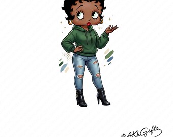 Black Betty Boop in forest green hoodie, ripped jeans, high heel boots, Sublimation, PNG, DTF, 300DPI, high resolution, African American