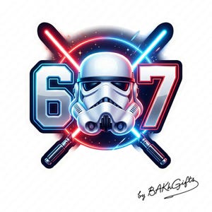 May include: A white Stormtrooper helmet is centered, with the numbers 6 and 7 on either side. Red and blue lightsabers cross behind the helmet. The design is set against a background of red and blue light.