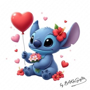 Puede incluir: Un personaje de dibujos animados azul sosteniendo un globo rojo en forma de coraz&oacute;n y un ramo de flores. El personaje tiene grandes ojos negros, una nariz grande y est&aacute; adornado con flores de hibisco rojas. Corazones y estrellas rosas flotan alrededor del personaje. La imagen est&aacute; firmada "by BAKhGifts".