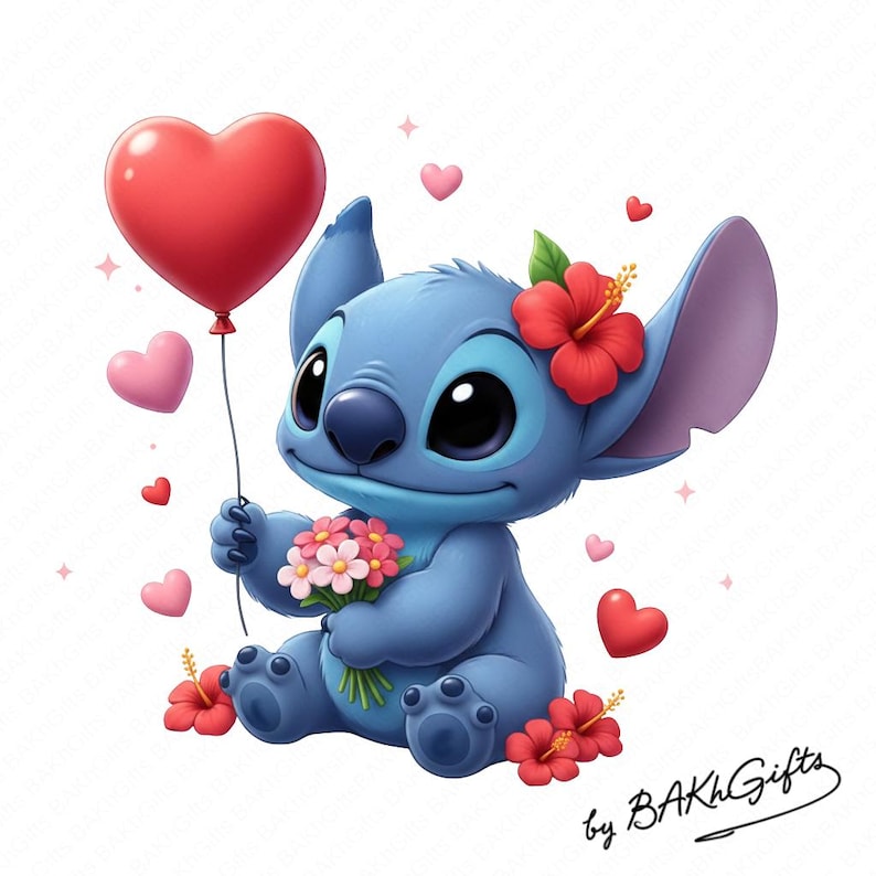 Puede incluir: Un personaje de dibujos animados azul sosteniendo un globo rojo en forma de coraz&oacute;n y un ramo de flores. El personaje tiene grandes ojos negros, una nariz grande y est&aacute; adornado con flores de hibisco rojas. Corazones y estrellas rosas flotan alrededor del personaje. La imagen est&aacute; firmada "by BAKhGifts".