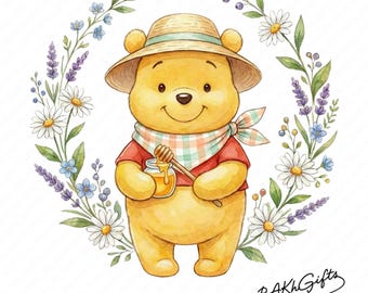 プーさんの花柄水彩スプラッシュPng、プーさんの花柄サマークリップアートPng、プーさんPng、サマーバイブスPng、かわいいプーさんベアPngの即時ダウンロード