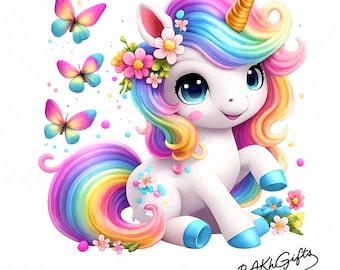 May include: A whimsical illustration of a white unicorn with a rainbow mane and tail, adorned with flowers and a golden horn. Three colorful butterflies flutter nearby. The unicorn has blue hooves and eyes. The image is signed "by BAKH Gifts".