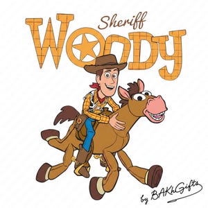 May include: A cartoon illustration of Sheriff Woody from Toy Story riding a brown horse. Woody wears a cowboy hat, a yellow plaid shirt, blue jeans, and a red bandana. The text "Woody Sheriff" is above the characters.