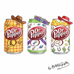 May include: Three Dr. Pepper soda cans with themed designs. One can is yellow with a cowboy hat, another is green with a Buzz Lightyear design, and the third is yellow with a sombrero. Each can features the Dr. Pepper logo.