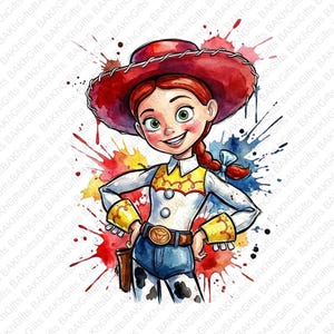 May include: Watercolor illustration of Jessie from Toy Story. She wears a red hat, white shirt with yellow accents, blue jeans with cow print chaps, and a brown belt. Colorful paint splatters surround the character.
