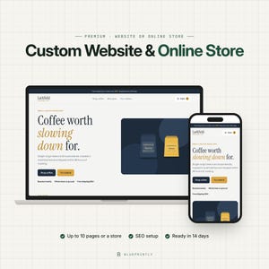 May include: A laptop and smartphone displaying a custom website for Larkfield Coffee Co. The screen shows the text Coffee worth slowing down for, product images of coffee bags, and navigation menus on a white grid background.