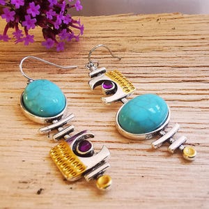 Bohemian Geometric Dangle Earrings - Silver tone with turquoise and amethyst resin