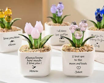 Personalized Glass Tulip Gift for Mom, Mothers Day Gift, Hand Blown Potted Flower, Everlasting Tulips