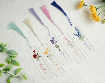 Personalized Birth Flower Bookmark, Acrylic Bookmark Gift, Name Bookmark, Aesthetic Bookmark with Tassel, Graduation Gifts, Reader Gift