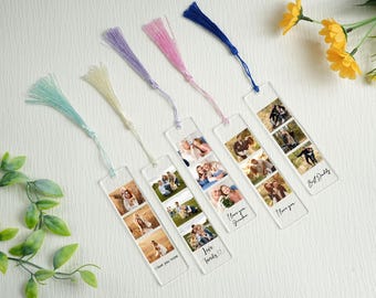 May include: Six clear acrylic bookmarks with colorful tassels. Each bookmark features a collage of photos with a personalized message. The messages include "I love you Mom", "I love family", "I love you Grandma", "I love you", and "Best Daddy".