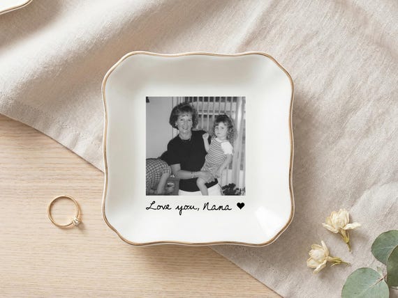 Mother's Day Gift for Grandma, Personalized Photo Jewelry Dish, Custom Ceramic Ring Dish