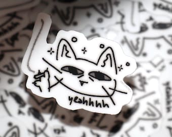 stoned cat halftone matte sticker ⟡ black and white, laptop decal, waterbottle sticker