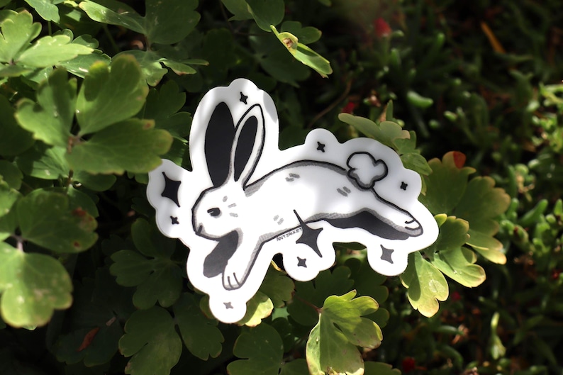 bunny & stars halftone matte sticker ⟡ black and white, laptop decal, waterbottle sticker image 1