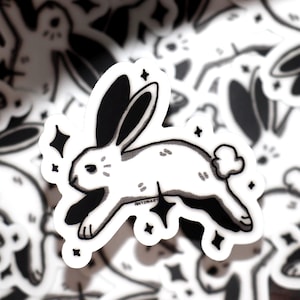 May include: A black and white sticker of a rabbit with a fluffy tail, jumping and surrounded by sparkling stars. The sticker has the word "ANTISNAKE" printed on the rabbit's side.