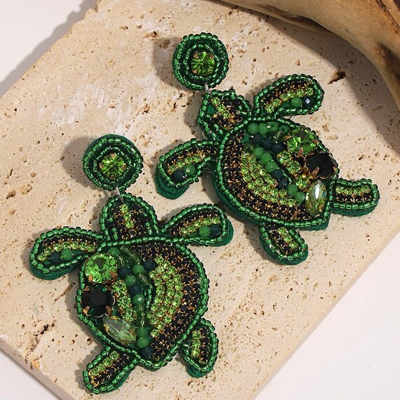 Green Turtle Earrings – Statement Beaded Earrings for Women