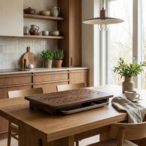 May include: A wooden kitchen table with a dark brown serving tray with small holes and a metal tray insert. The table is surrounded by wooden chairs and a wooden kitchen with shelves, cabinets, and a window.