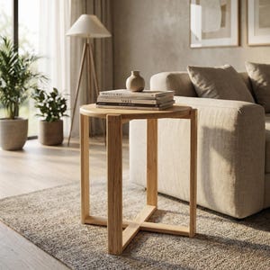 May include: A light oak side table with a round top and a unique cross-base design. The table is holding a stack of books and a small, light-colored vase. The table is approximately 20 inches in diameter and 24 inches tall.