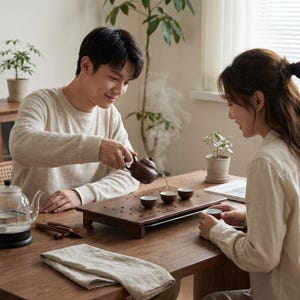 May include: A person pouring tea from a brown teapot into small brown teacups on a wooden tray. The tray has a rectangular shape with a series of small holes. A clear glass teapot and wooden spoons are also on the table.