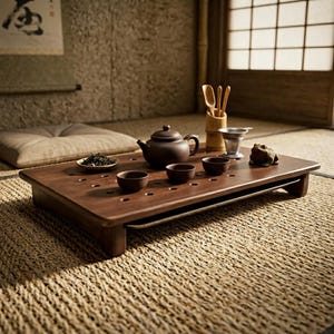 Puede incluir: Una bandeja de té de madera marrón oscuro con un juego de té, que incluye una tetera, tazas pequeñas y un plato pequeño con hojas de té. La bandeja está colocada sobre una estera tejida. Un juego de ceremonia del té.