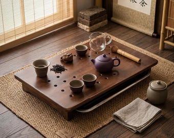 Japanese Style Wooden Tea Table With Gongfu Tea Tray Design, Low Tea Ceremony Table, Zen Inspired Japandi Decor