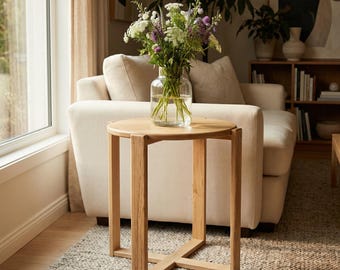 Round Walnut Side Table, Senufo Style Wood Coffee Table, Modern Minimalist Sofa Table Decor