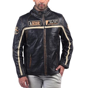 Men's Vintage Genuine Leather Biker Jacket | Distressed Cafe Racer Style with Racing Patches