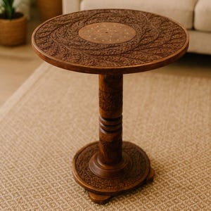 May include: A round, dark brown wooden side table with intricate carved floral patterns. The table has a central circular design and a pedestal base. The table is approximately 24 inches in diameter and 28 inches tall.