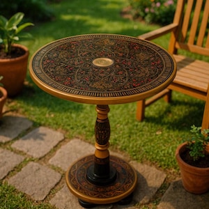 Pu&ograve; includere: Un tavolino rotondo e ornato con un design floreale dettagliato sul piano. Il tavolo ha un bordo e una base dorati, con un piedistallo marrone scuro e dorato. Il tavolo ha un diametro di circa 61 cm.
