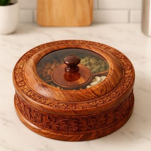 May include: A round, wooden serving dish with a clear glass lid, showcasing a variety of nuts. The dish is intricately carved with floral patterns and features a central wooden knob. The dish is filled with almonds, pistachios, and cashews.