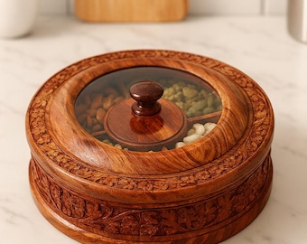 Snacks & Dry Fruits Box for a Cozy Evening, Wooden Spice Boxes with Transparent Top, Traditional Indian Pakistani Gift Box