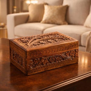 Peut inclure: Une boîte rectangulaire en bois brun, ornée de sculptures florales détaillées sur le couvercle et les côtés. Elle repose sur une table en bois brun foncé. L'arrière-plan montre un canapé beige et des coussins, suggérant un intérieur chaleureux.