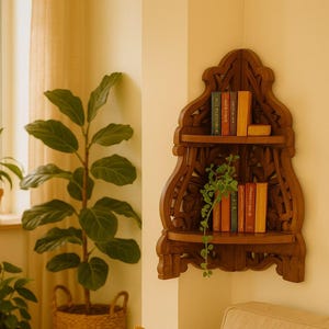 May include: A cozy living room scene featuring a wooden corner shelf with books and a trailing plant. Two decorative pillows in yellow and orange rest on a beige sofa. A large potted plant and a small table complete the warm, inviting space.