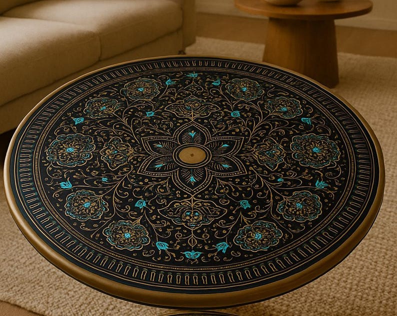 Pu&ograve; includere: Tavolino rotondo con superficie nera e un intricato design floreale in oro e turchese. Il tavolo ha un bordo e una base dorati, aggiungendo un tocco di eleganza all'arredamento del soggiorno.