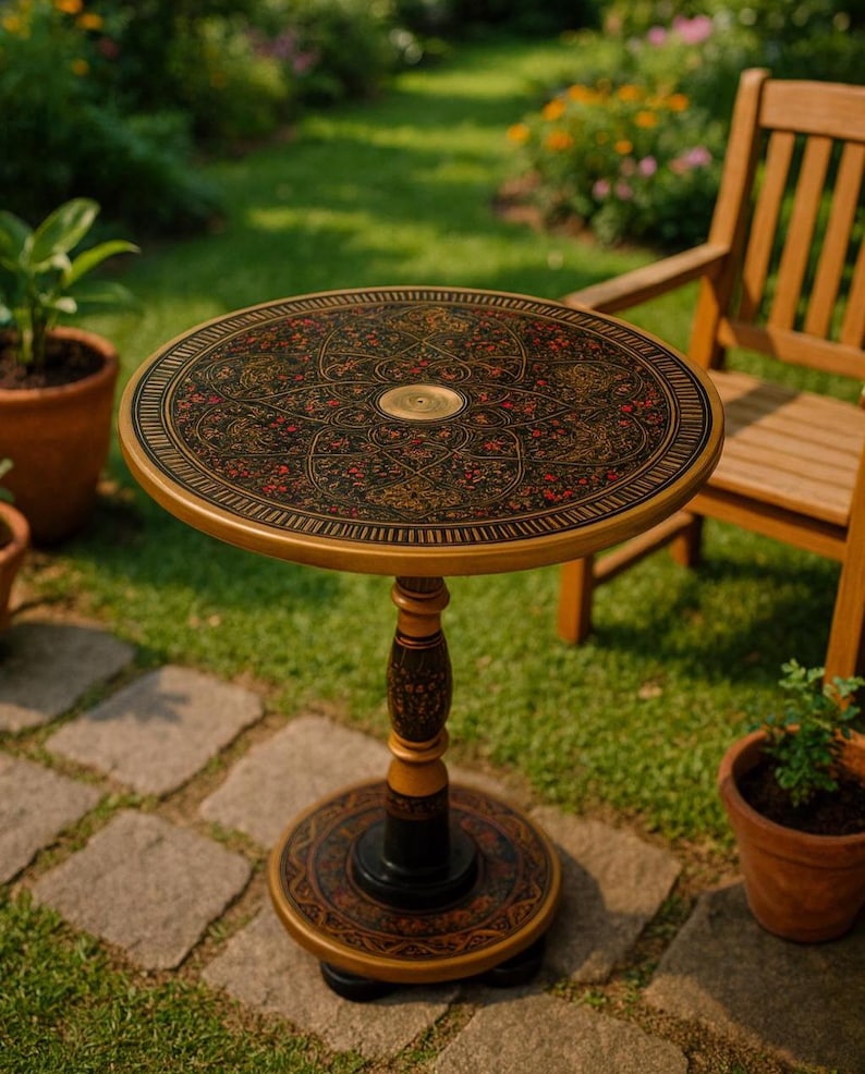 Pu&ograve; includere: Un tavolino rotondo e ornato con un design floreale dettagliato sul piano. Il tavolo ha un bordo e una base dorati, con un piedistallo marrone scuro e dorato. Il tavolo ha un diametro di circa 61 cm.