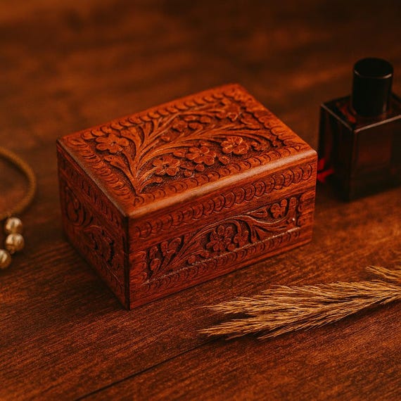 A rosewood secret-lock jewelry puzzle box with 71 favorites — the warm rosewood grain and hidden-compartment mechanism make it feel like a proper keepsake, not a craft market trinket.