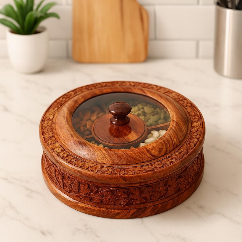 May include: A circular wooden serving dish with a glass lid, displaying an assortment of nuts. The dish is elaborately carved with floral designs and has a central wooden knob. The dish contains almonds, pistachios, and cashews.