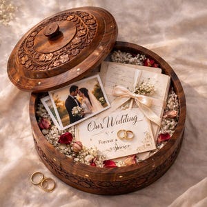 May include: A round, wooden keepsake box with an open lid, revealing wedding memorabilia. Inside are photos, cards, dried flowers, and two gold rings. The box is intricately carved with floral designs and is filled with decorative elements.