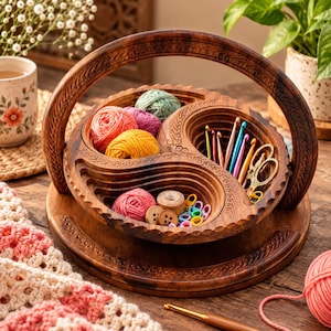 May include: A round, tiered wooden yarn bowl with a carved handle and multiple compartments. It contains several small balls of colorful yarn, metal crochet hooks, a pair of gold-toned scissors, wooden buttons, and plastic stitch markers.