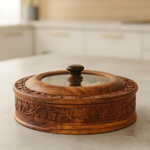 May include: A circular wooden serving dish with a glass lid and a dark brown handle. The dish has detailed floral carvings around the edge. The wooden dish is on a light-coloured countertop.