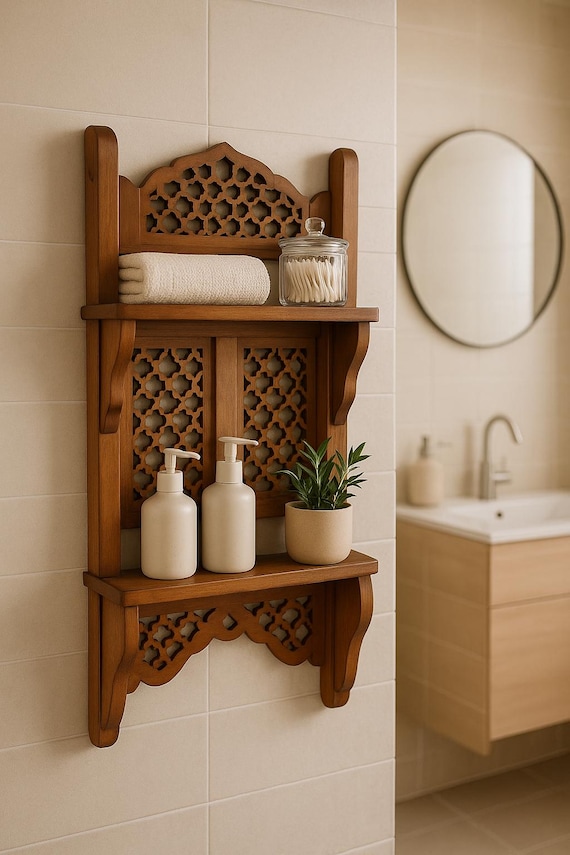 Hand-Carved Wooden Wall Shelf: Rustic Rosewood Bathroom Organizer