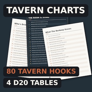 May include: A collection of printed sheets titled Tavern Charts, 80 Tavern Hooks, and 4 D20 Tables. The documents feature lists including Who's Drinking, The Room Is Doing, and What The Barkeep Knows, presented in black text on white and dark backgrounds.