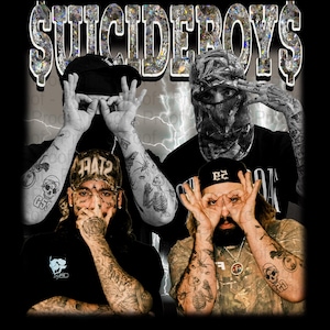 May include: Black and white image featuring four people with tattoos, wearing hats and bandanas. The word "SUICIDEBOYS" is at the top in a silver, glittery font. The people are making hand gestures.